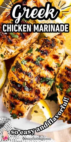 grilled chicken marinade on a plate with lemons and parsley