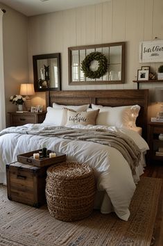 a bedroom with a bed, dresser and mirror