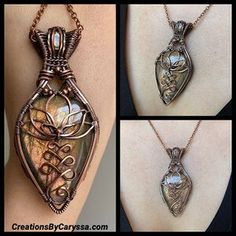 three different views of a pendant made out of wire