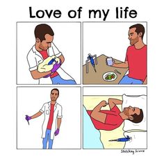 a comic strip with the words love of my life written on it and an image of a man getting ready to eat