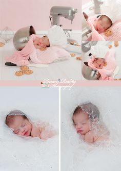 a collage of photos shows a baby in a pink outfit sleeping on a white blanket