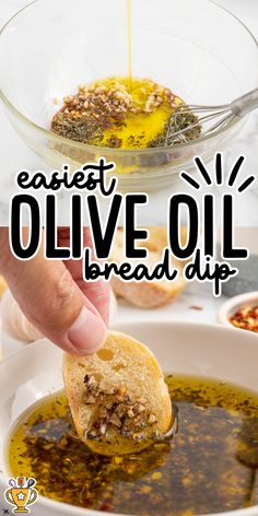 someone dipping olive oil into bread in a bowl