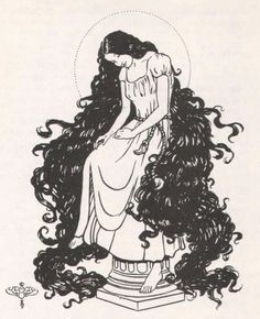 a drawing of a woman with long hair and an angel above her head, sitting on a pedestal