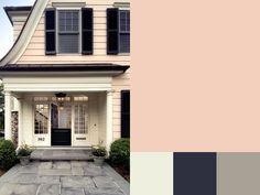 a house with black shutters and white trim on the front door is shown in this color scheme