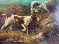 an oil painting of two dogs in a field