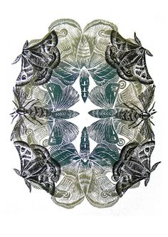 an image of butterflies in the middle of a circular design on white paper with green and black ink