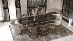 an elegant dining room with marble table and chairs