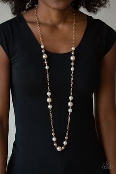 Capped in ornate gold frames, a collection of bubbly white pearls and glistening gold beads trickle along sections of shiny gold chain across the chest for a timeless sophistication. Features an adjustable clasp closure. Sold as one individual necklace. Includes one pair of matching earrings. Luxury Faceted Beads Necklace For Evening, Luxury Gold Beaded Necklace For Formal Occasions, Shells Jewellery, Chain Projects, Cardigan Outfit, Gold Frames, Pearl Necklace Earrings, White Pearl Necklace, Long Beaded Necklace