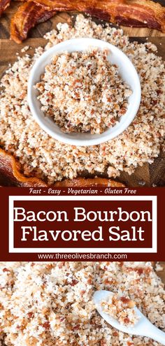 bacon bourbon flavored salt in a white bowl