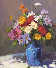 a painting of colorful flowers in a blue vase