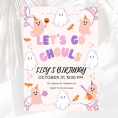 a pink halloween party flyer with ghost and bats on the front, it's go ghouls