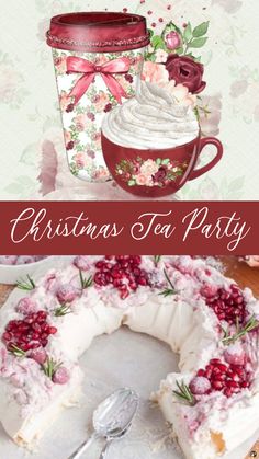 a christmas tea party with a cake and cup