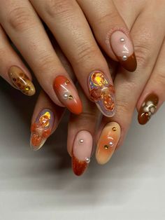 floral autumn spring nail inspo natural long nails inspiration brown orange chrome 3d blooming design trendy nails trend aesthetic @press.my.nails