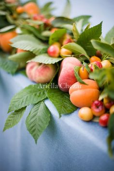 peaches and other fruits are lined up on a blue table cloth with green leaves