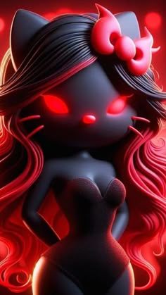 a black cat with red eyes and long hair