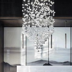 a chandelier hanging from the ceiling in a room with glass doors and windows