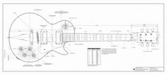 an electric guitar is shown in blueprint on a white sheet with black and white lines