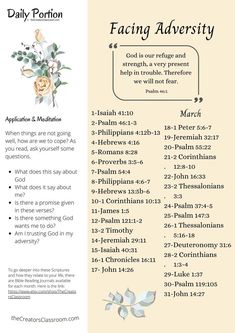 Photo of the free March Bible Reading plan about facing adversity March Bible Reading Plan, March Scripture, Prayer Binder Ideas