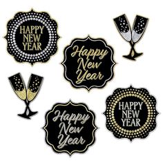 happy new year stickers are shown in black and gold colors on a white background