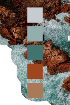 an aerial view of the ocean with rocks and blue water in color swatches on white paper