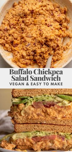 two pictures showing different types of sandwiches and the words buffalo chickpea salad sandwich vegan & easy to make