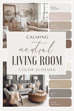 the living room color scheme is shown in shades of brown, beige and white with text that reads calming neutral living room color schemes