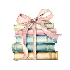 a stack of books with a pink ribbon tied around the top and on top of each other