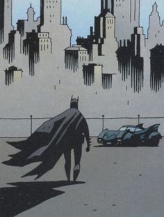 a batman is walking down the street in front of some cars and skyscrapers,