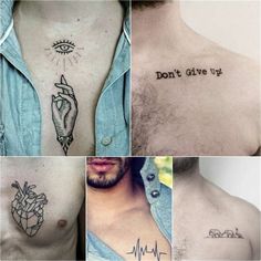 multiple pictures of chest tattoos with words and symbols on them, all in different styles