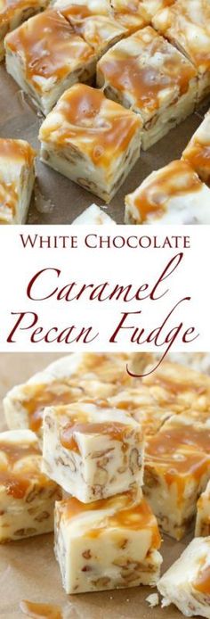 white chocolate caramel pecan fudge is cut into squares and stacked on top of each other