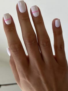 White And Pink Manicure, Pink White Design Nails, White Nails Pink Accent, White Manicure With Design, Short Nail Pink And White, Pink And White Spring Nails, White Nails With Pink Accent, Pink With White Nails, White Nails With Pink Tips