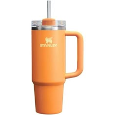 an orange travel mug with a straw in the top and handle is shown against a white background