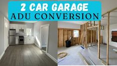 two garages with the words, 2 car garage adu conversation on top and bottom