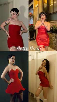 four different pictures of women in red dresses and one has her hands on her lips