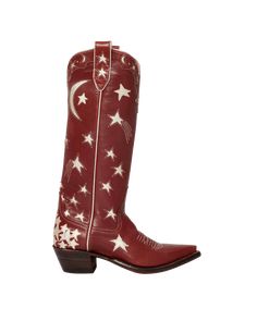 The Margretta women's tall cowboy boot was inspired by the sweeping West Texas night skies under which we grew up, and is whimsically inlayed and appliqued with jumping stars and crescent moons. Anchored by our signature cluster of appliquéd champagne stars on the counter. Tall cowboy boot with 15" shaft upper. Point A toe. Stacked leather heel measures approximately 2". Caramel calfskin vamps and shaft uppers inlayed and appliquéd with champagne metallic leather stars and crescent moons. Ear pu Womens Tall Cowboy Boots, Texas Night, Knee High Cowgirl Boots, High Cowgirl Boots, Miron Crosby, High Cowboy Boots, Knee High Cowboy Boots, Fashion Cowboy Boots, Pointy Toe Heels