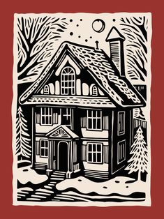 a black and white drawing of a house with snow on the ground in front of it