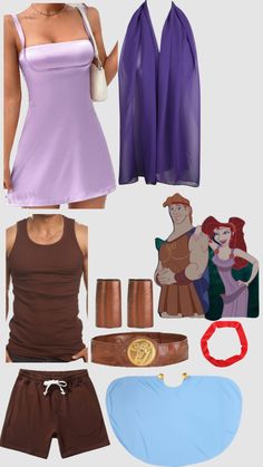 a woman in a purple dress and other items