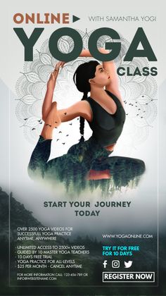 an advertisement for a yoga class with a woman in the lotus position on her back