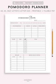 the printable pomodoro planner is shown with a pencil in front of it