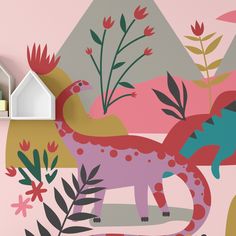 a colorful wall mural with dinosaurs and plants on it's side, in front of a pink background