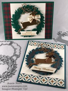 two christmas cards, one with a reindeer and the other with a wreath