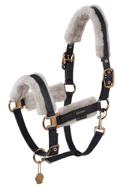 a black harness with white fur and gold hardwares on the front, along with a key