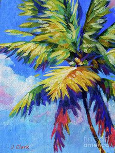 a painting of a palm tree in the sky