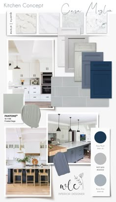 the interior design board for a kitchen with blue and white accents, including cabinets, counter tops