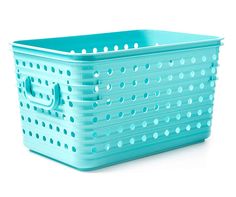 a blue plastic storage basket with holes on the sides and handles, is shown against a white background