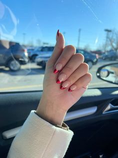 Red chrome french tip nails Red Nails Acrylic Almond French Tip, Maroon Chrome French Tip Nails, French Chrome Christmas Nails, Red Chrome Nails Almond French Tip, Red Tip With Chrome, Metallic Red French Tip Nails, Red French Tip Holiday Nails, Chrome On Red Nails, Glazed Red French Tip Nails