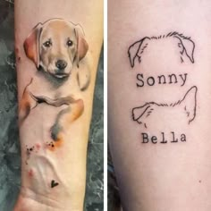 two different tattoos with dogs on them and the same one has a dog's name