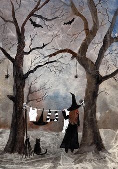 a painting of a witch and her black cat in the snow with clothes hanging on a line