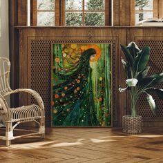 a painting on the wall next to a chair and potted plant in a room