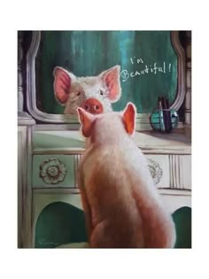 size: 24x18in Art Print: Affirmation by Lucia Heffernan : Transportation Pig Wall Art, Mirror Illustration, Pig Painting, Lucia Heffernan, Pig Art, Poster Store, Pet Pigs, This Little Piggy, Illustration Wall Art